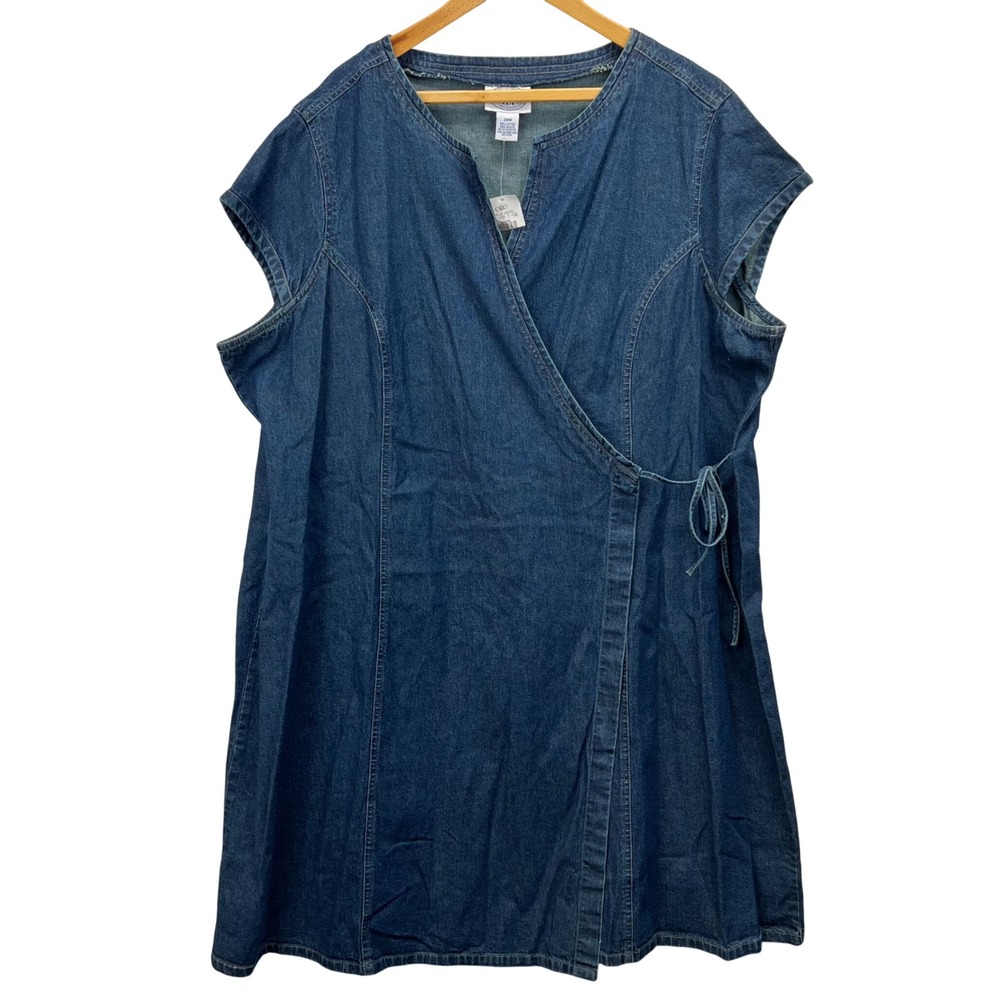 VTG 90s Carolina Blues Plus Denim Wrap Dress 28W Short Sleeve V Neck Tie Waist